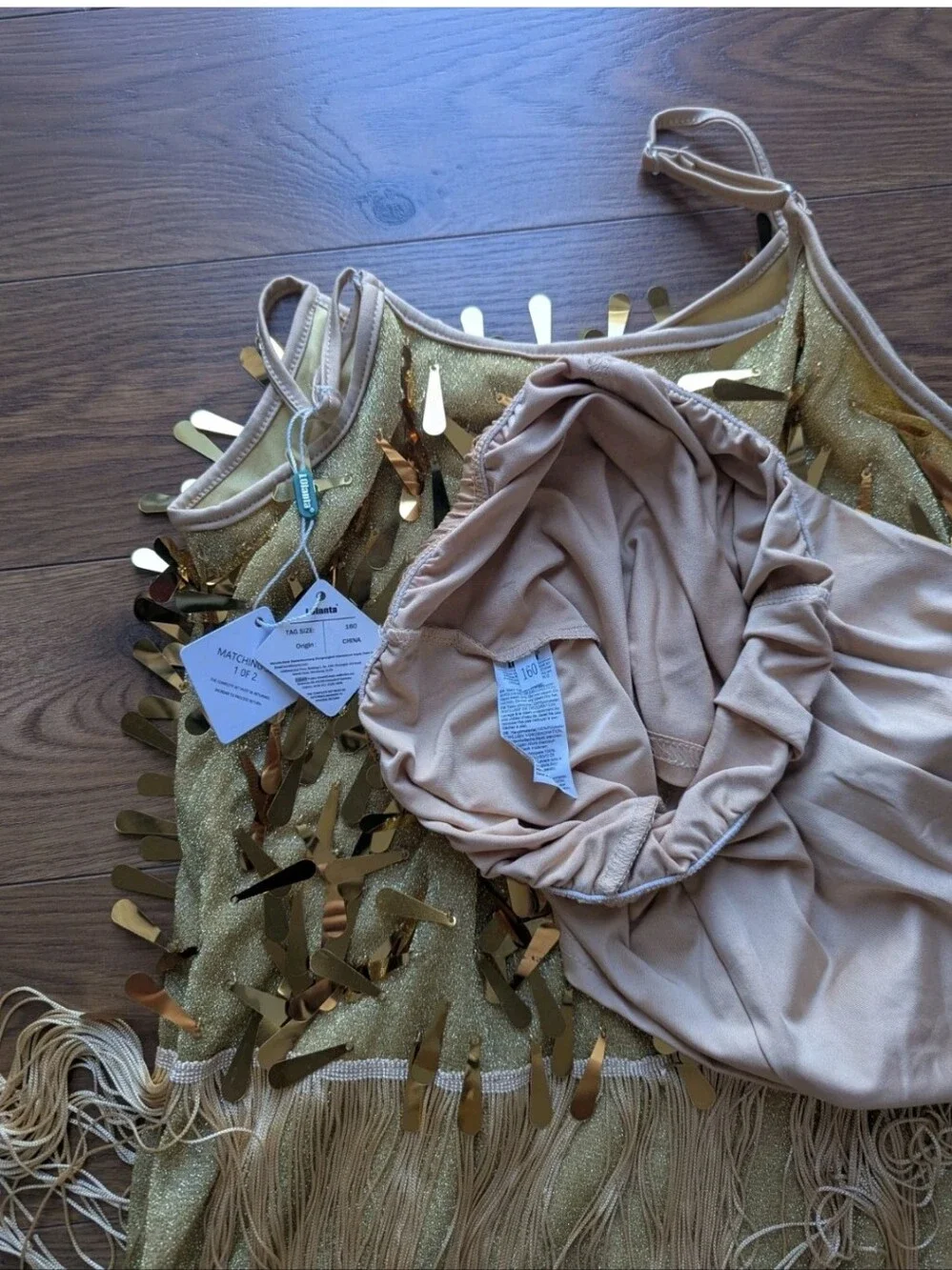 Lolanta 2 Piece Latin Dance Costume Gold Childs Size 130 & 160 Sequin Fringe NWT